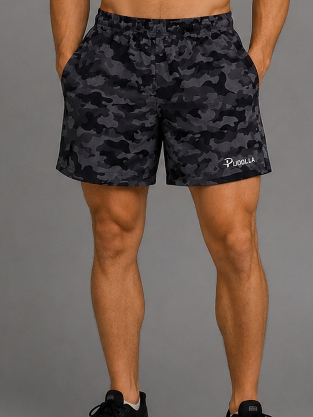 Pudolla Men’s Medium Gray Camo Athletic Running Shorts Lined 5” Inseam